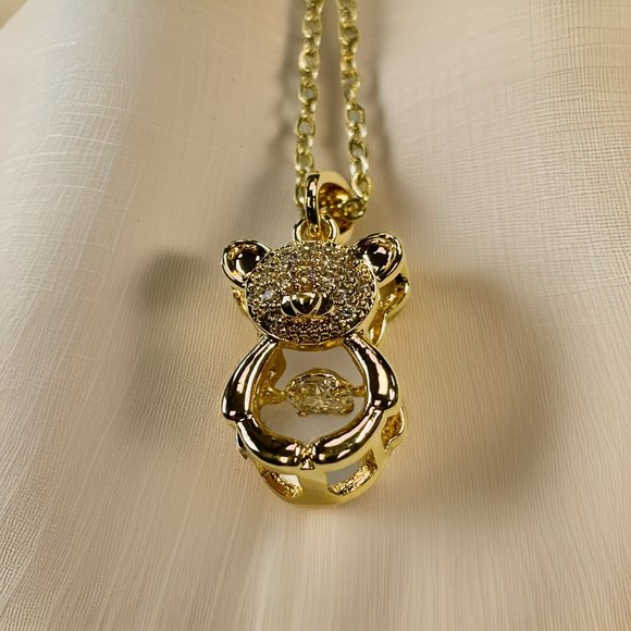 Gold Bear with 2 ct Zircon Round Cut Floater Pendant Necklace - Picture 1 of 17